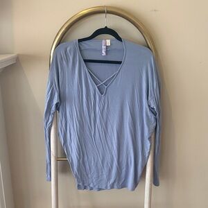 Alya Light Blue Long Sleeve V-Neck Top with Crisscross Detail